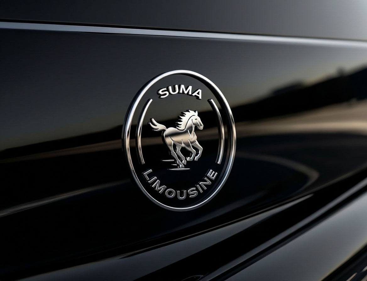 SUMA LIMOUSINE chrome emblem on a black car
